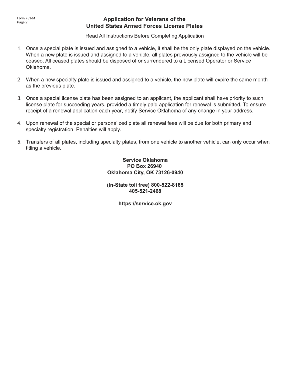 Form 751-M Application for Veterans of the United States Armed Forces License Plates - Oklahoma, Page 2