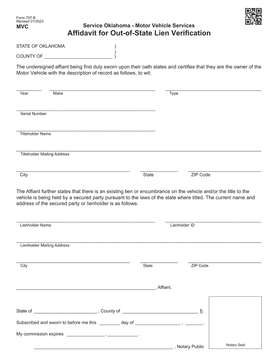 Form 797-B Affidavit for Out-of-State Lien Verification - Oklahoma, Page 1