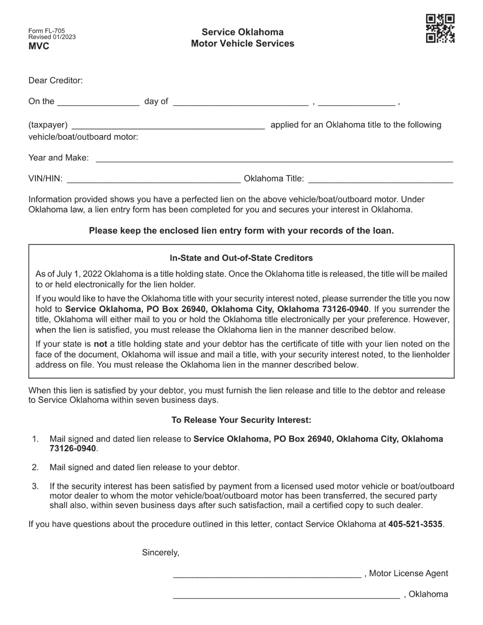Form FL-705 In-state and Out-of-State Creditor Letter - Oklahoma, Page 1