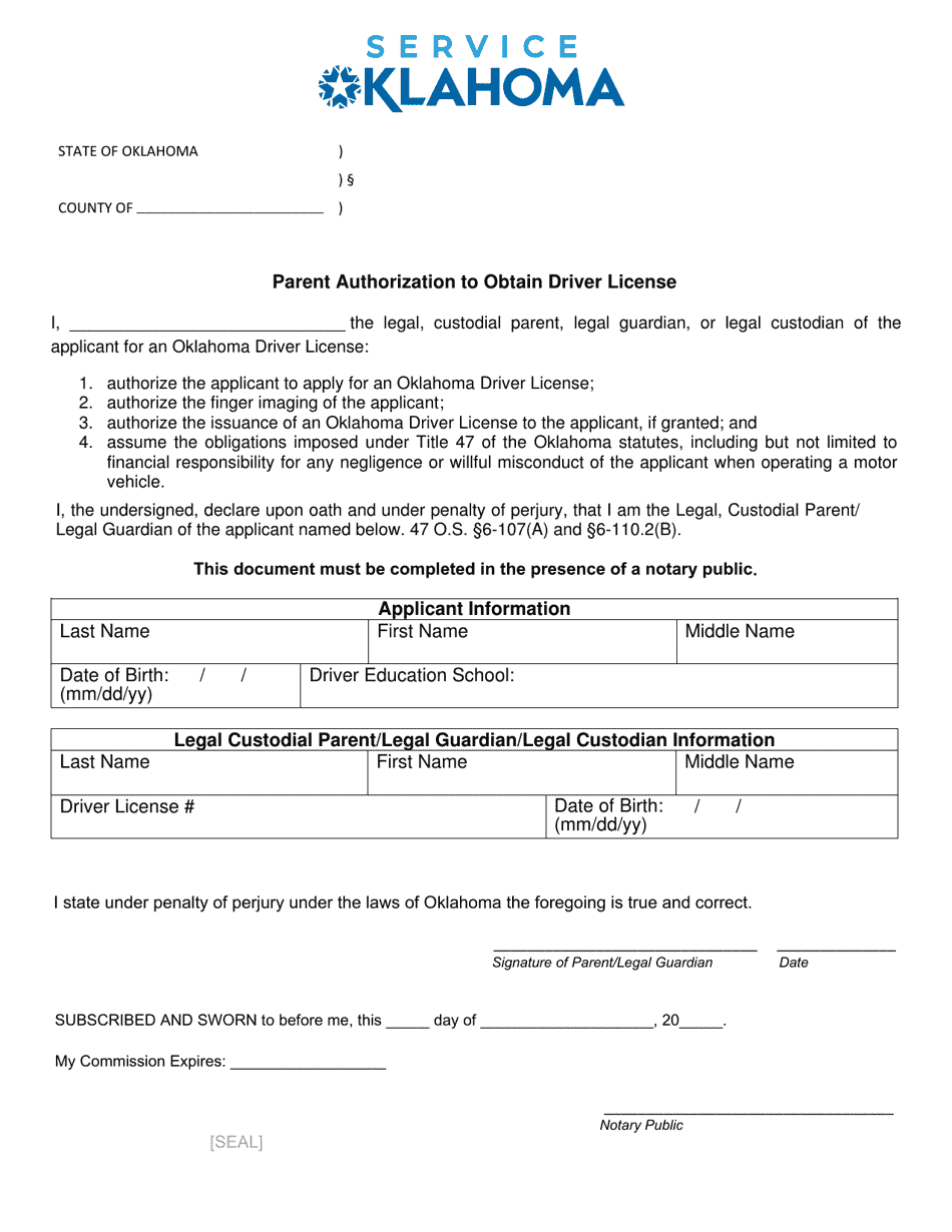 Parent Authorization to Obtain Driver License - Oklahoma, Page 1