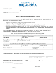Document preview: Parent Authorization to Obtain Driver License - Oklahoma