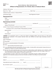 Form 737 Affidavit of Repossession of a Vehicle, Boat or Outboard Motor - Oklahoma