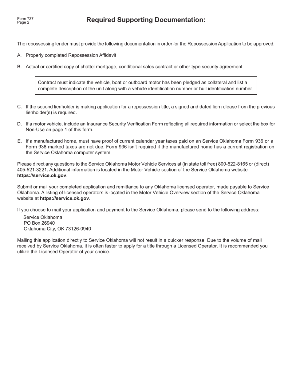 Form 737 Affidavit of Repossession of a Vehicle, Boat or Outboard Motor - Oklahoma, Page 2