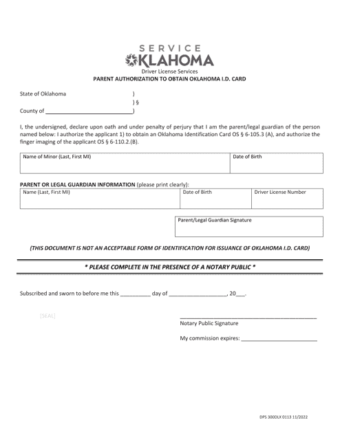 Form DPS300DLX 0113 Parent Authorization to Obtain Oklahoma I.d. Card - Oklahoma