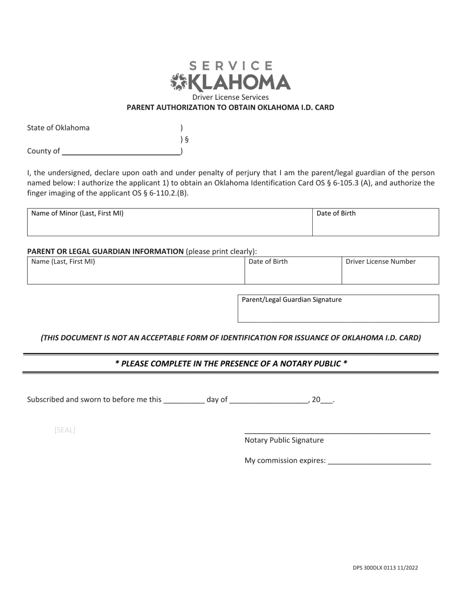 Form DPS300DLX 0113 Parent Authorization to Obtain Oklahoma I.d. Card - Oklahoma, Page 1