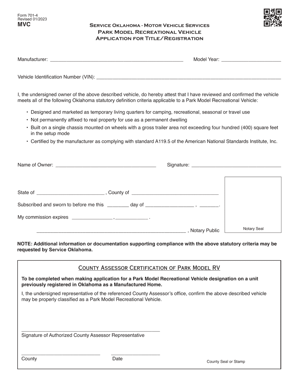 Form 701-4 Park Model Recreational Vehicle Application for Title / Registration - Oklahoma, Page 1