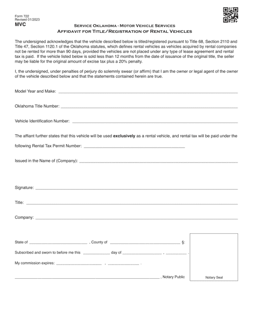Form 722 Affidavit for Title/Registration of Rental Vehicles - Oklahoma