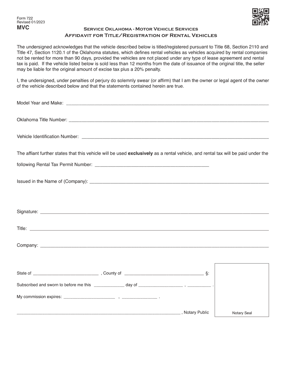 Form 722 - Fill Out, Sign Online and Download Fillable PDF, Oklahoma ...