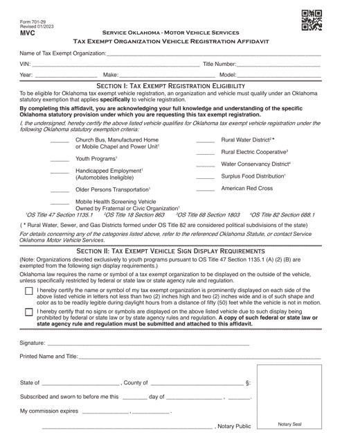 Form 701-29 Tax Exempt Organization Vehicle Registration Affidavit - Oklahoma