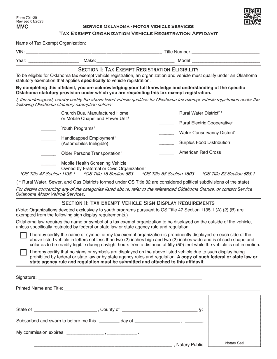 Form 701-29 Tax Exempt Organization Vehicle Registration Affidavit - Oklahoma, Page 1