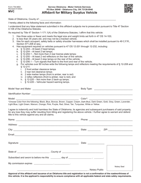 Form 754-MSV Affidavit for Military Surplus Vehicle - Oklahoma