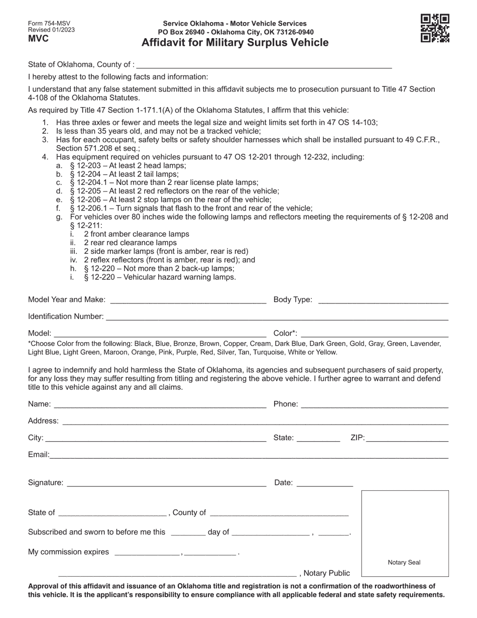 Form 754-MSV Affidavit for Military Surplus Vehicle - Oklahoma, Page 1