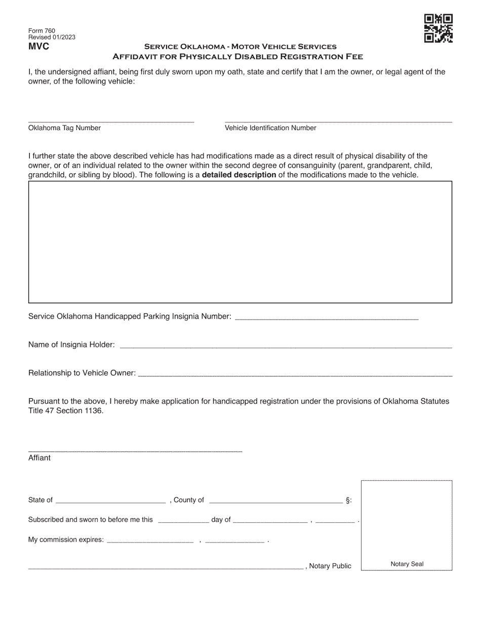 Form 760 Affidavit for Physically Disabled Registration Fee - Oklahoma, Page 1