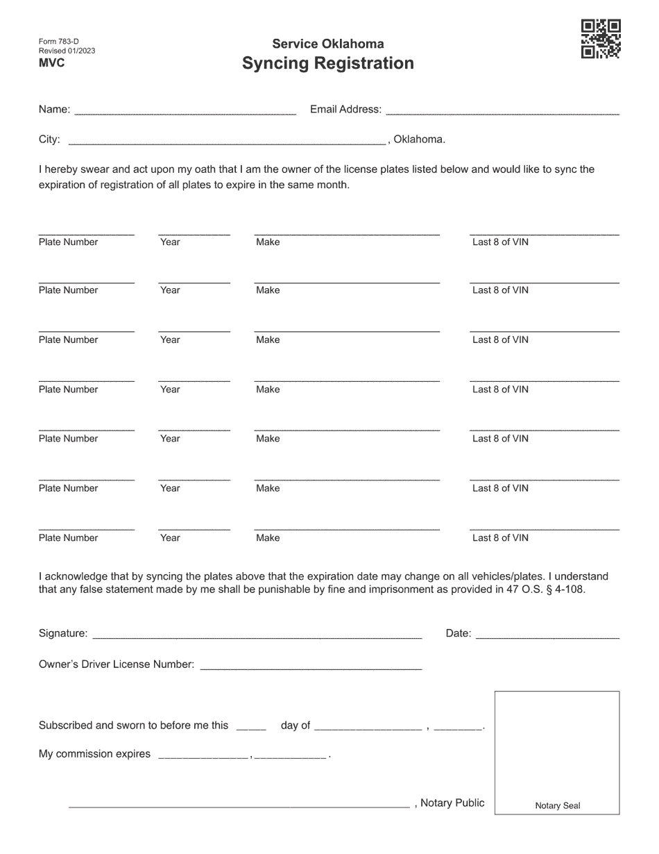 Form 783-D Syncing Registration - Oklahoma, Page 1