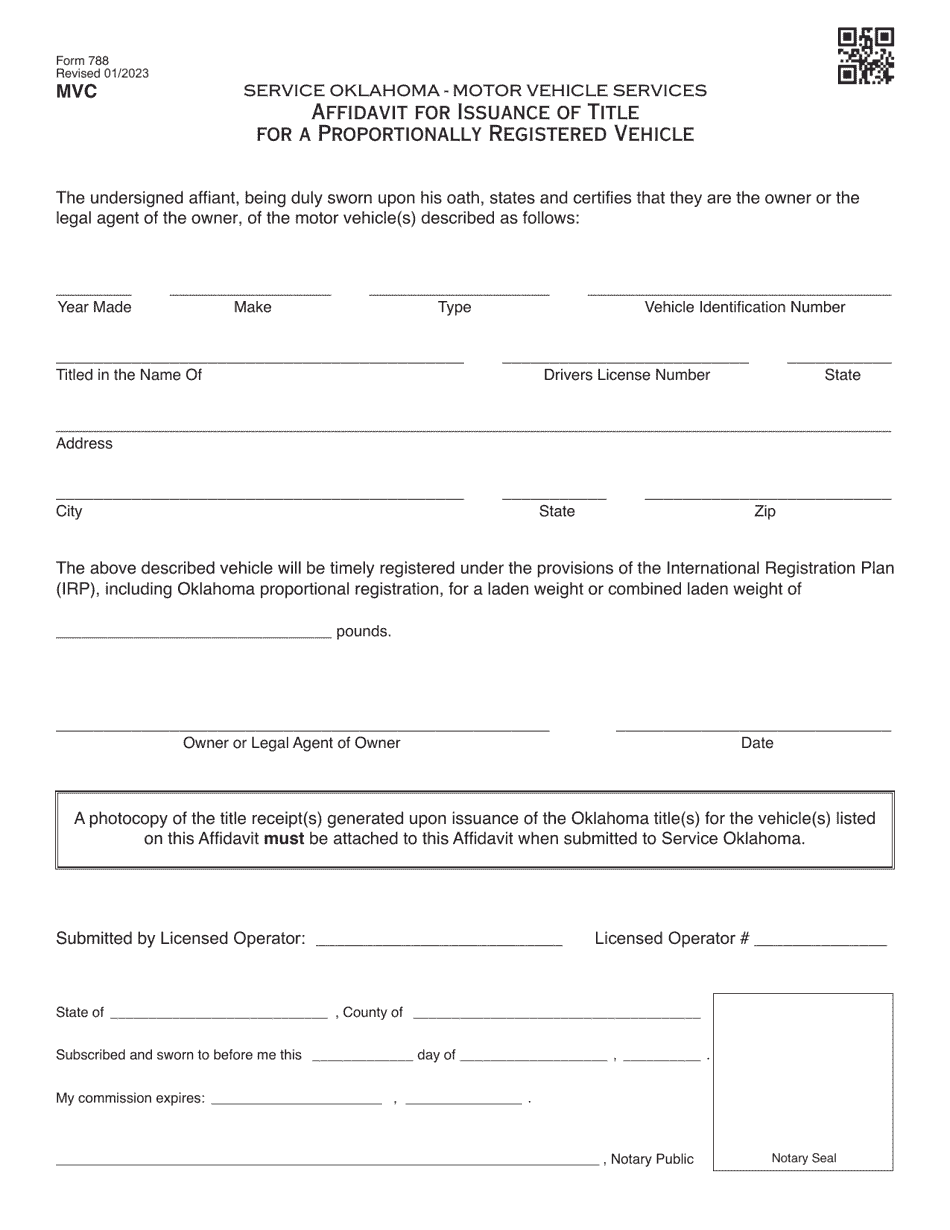 Form 788 Affidavit for Issuance of Title for a Proportionally Registered Vehicle - Oklahoma, Page 1