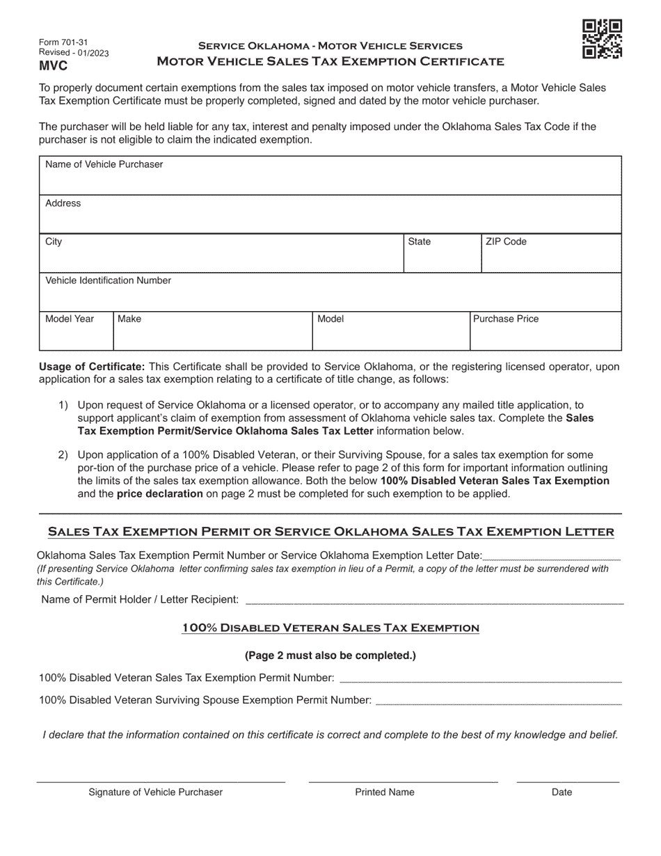 Form 701-31 - Fill Out, Sign Online And Download Fillable Pdf, Oklahoma 