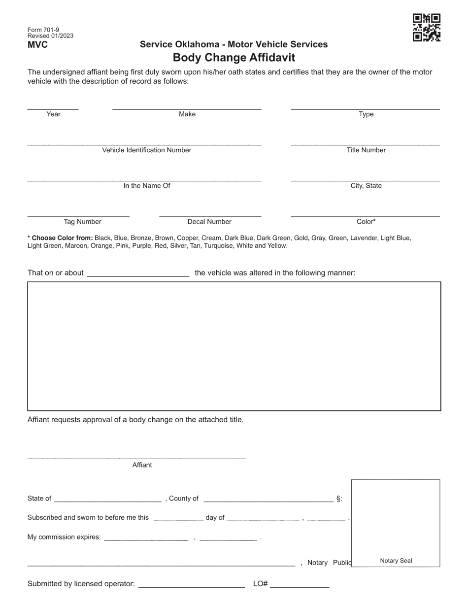 Form 701-9 Body Change Affidavit - Oklahoma, Page 1