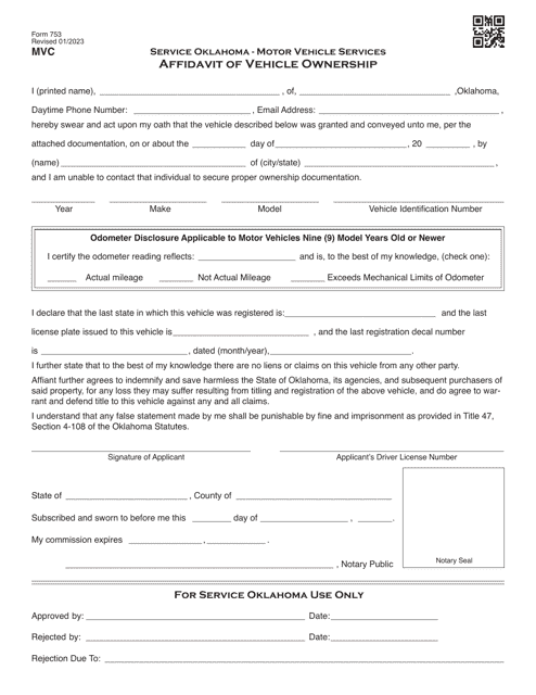 Form 753 Affidavit of Vehicle Ownership - Oklahoma