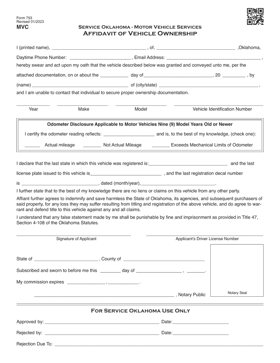 Form 753 - Fill Out, Sign Online and Download Fillable PDF, Oklahoma ...