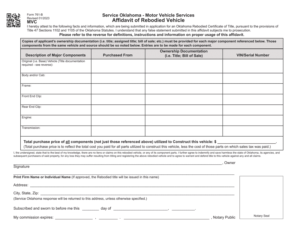 Form 761-B Affidavit of Rebodied Vehicle - Oklahoma, Page 1