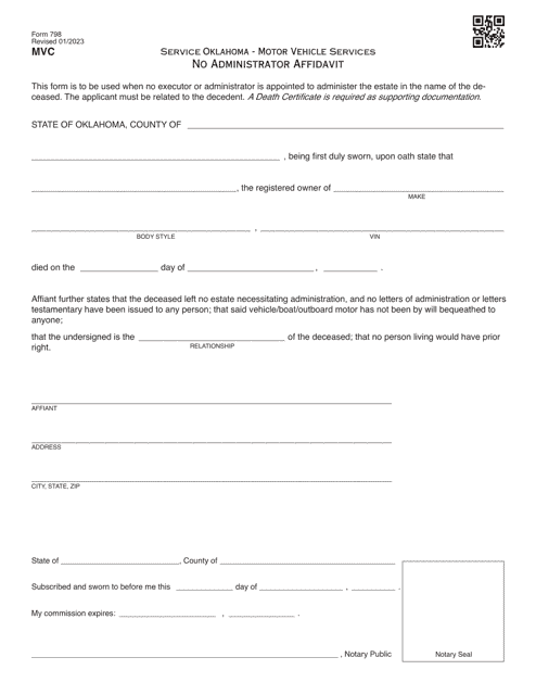 Form 798 No Administrator Affidavit - Oklahoma