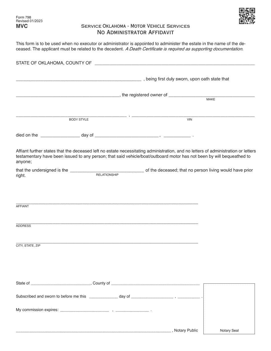 Form 798 No Administrator Affidavit - Oklahoma, Page 1