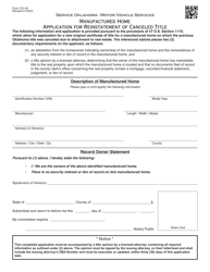 Document preview: Form 701-45 Manufactured Home Application for Reinstatement of Canceled Title - Oklahoma