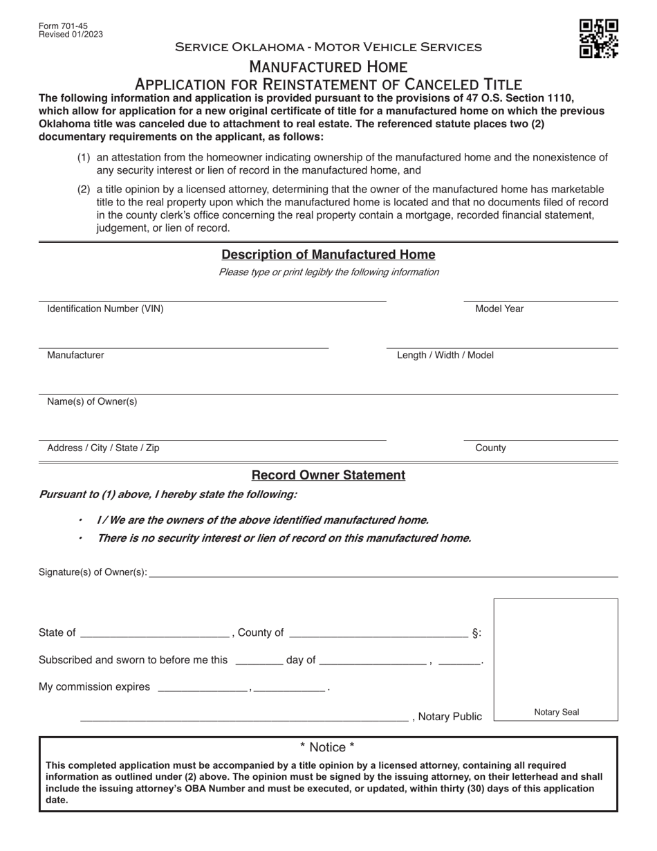 Form 701-45 Manufactured Home Application for Reinstatement of Canceled Title - Oklahoma, Page 1