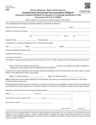Document preview: Form 780-B Unobtainable Ownership Documentation Affidavit - Insurance Company Affidavit for Issuance of a Salvage Certificate of Title Pursuant to 47 Oklahoma Statutes (Os) Section 1105(P) - Oklahoma - Oklahoma