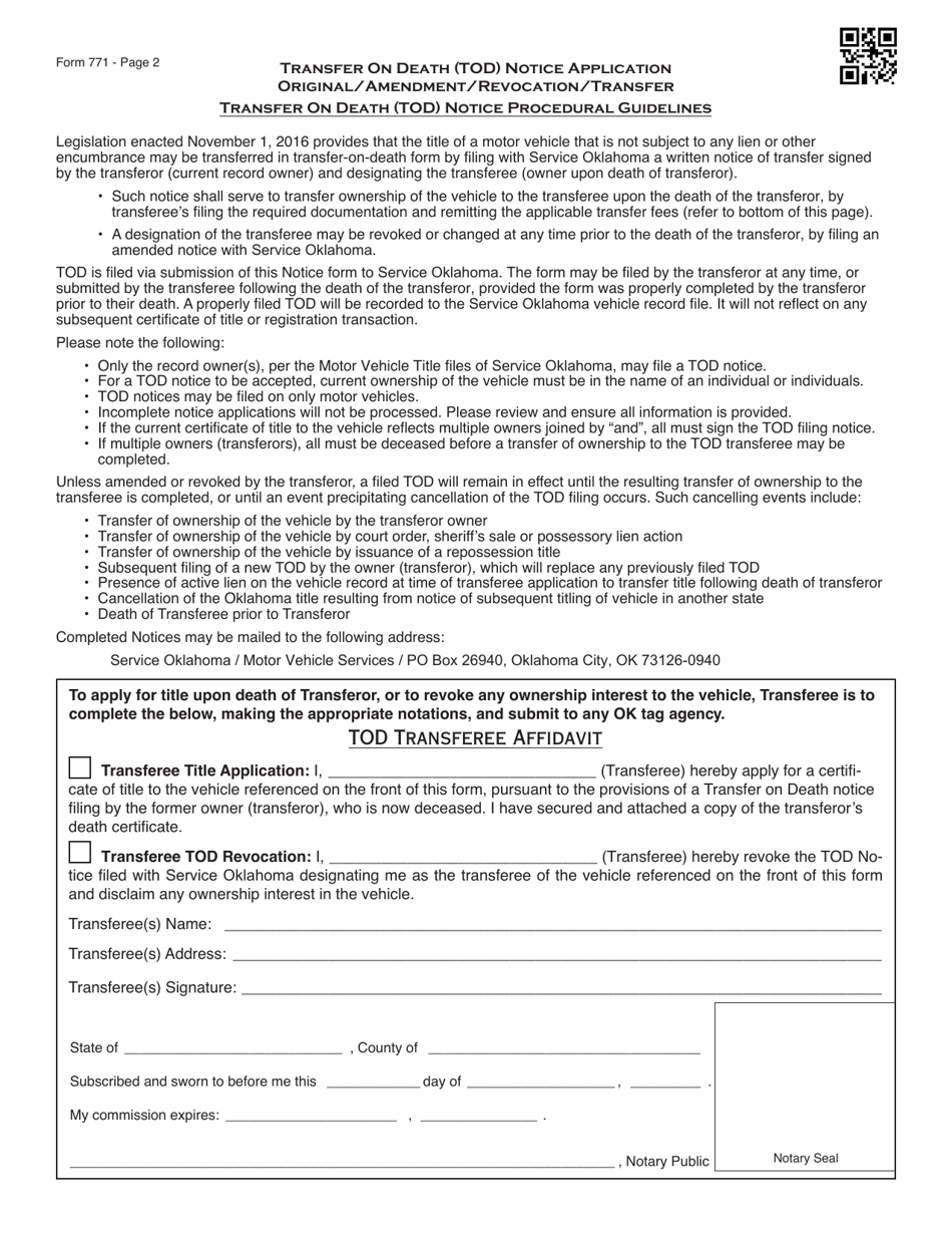 Form 771 Transfer on Death (Tod) Notice Application - Original / Amendment / Revocation / Transfer - Oklahoma, Page 2