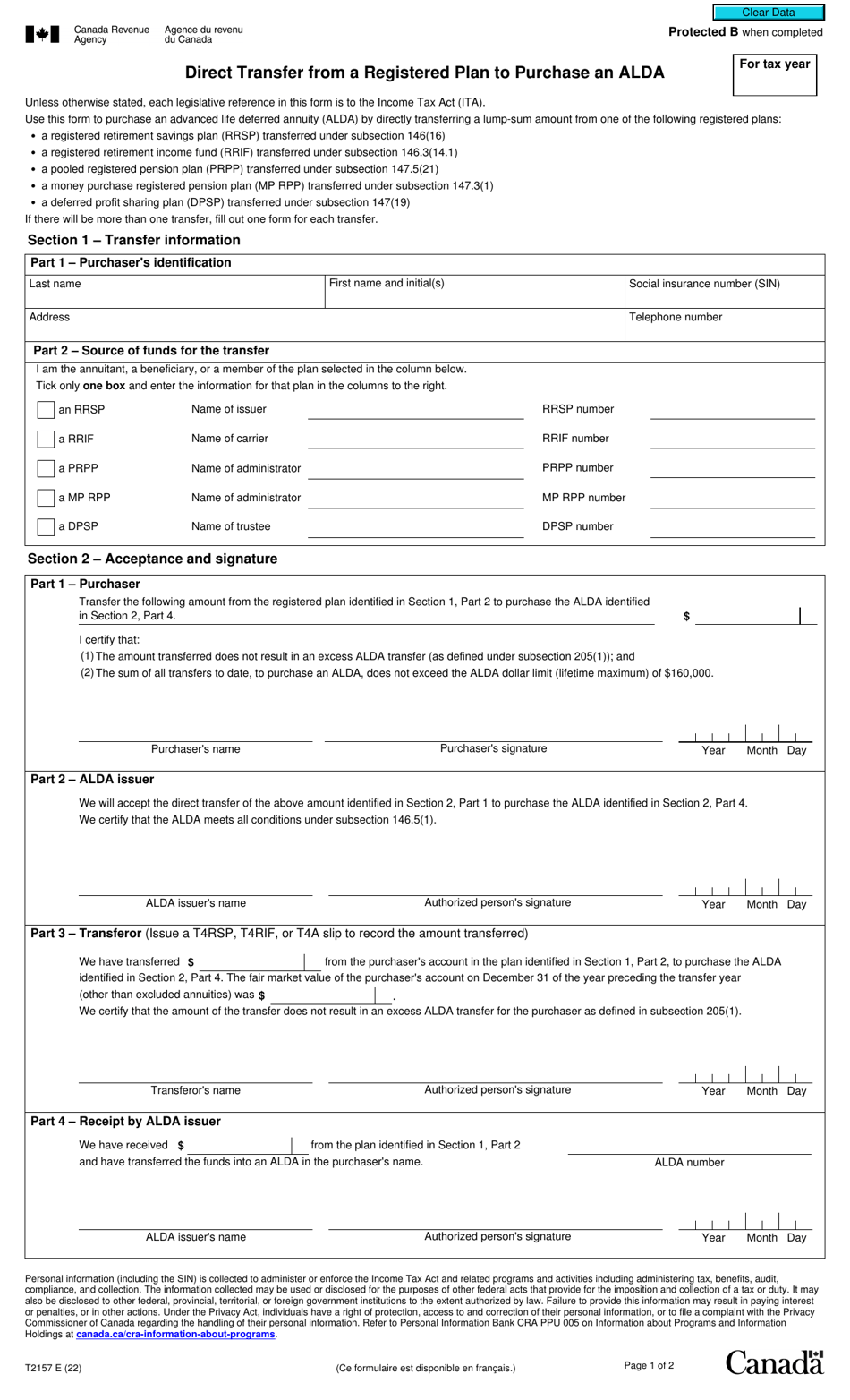 Form T2157 - Fill Out, Sign Online and Download Fillable PDF, Canada ...