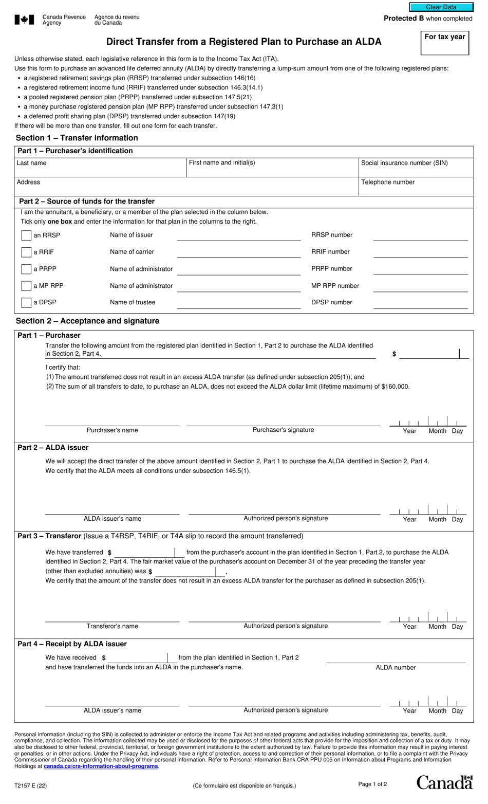 Form T2157 Direct Transfer From a Registered Plan to Purchase an Alda - Canada, Page 1