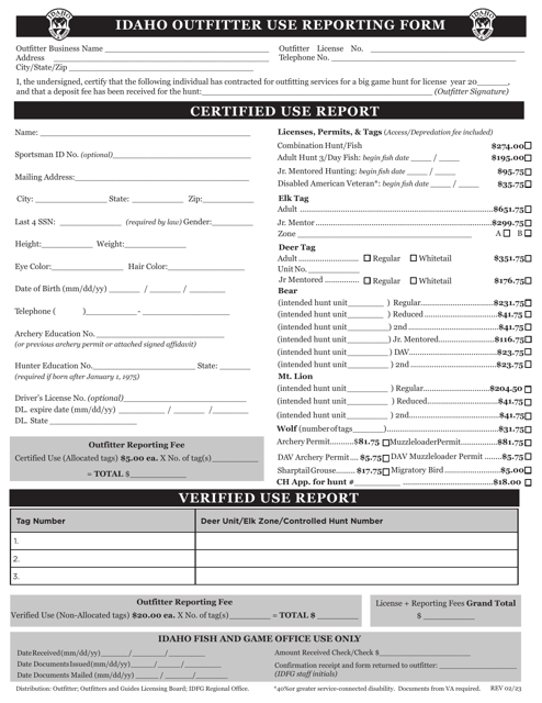 Idaho Outfitter Use Reporting Form - Idaho Download Pdf