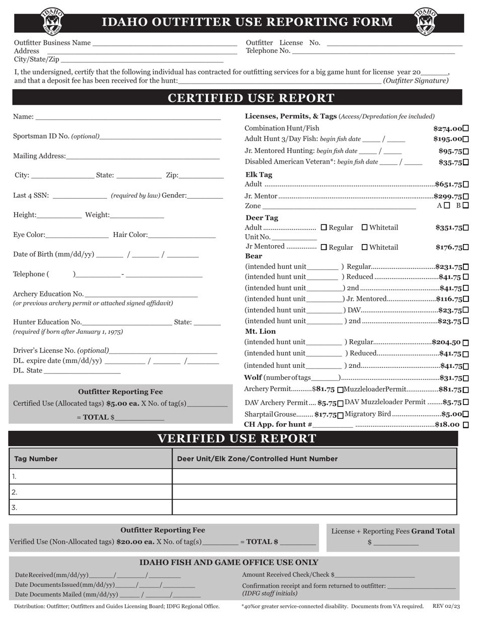Idaho Outfitter Use Reporting Form - Idaho, Page 1