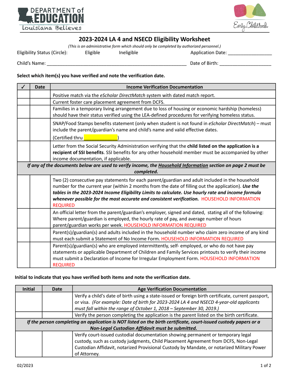 La 4 and Nsecd Eligibility Worksheet - Louisiana, Page 1