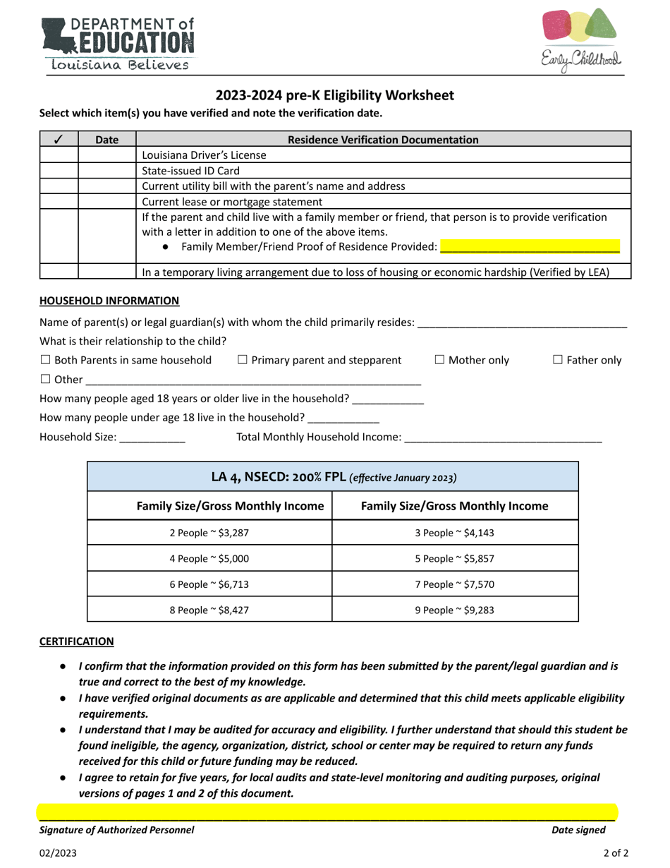 La 4 and Nsecd Eligibility Worksheet - Louisiana, Page 2