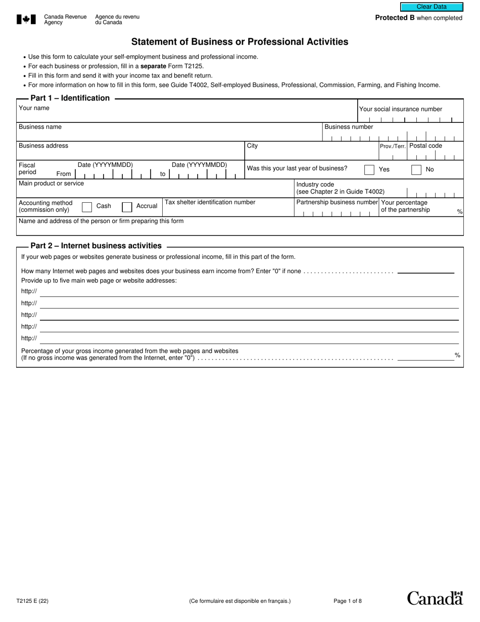 Form T2125 Download Fillable PDF Or Fill Online Statement Of Business ...