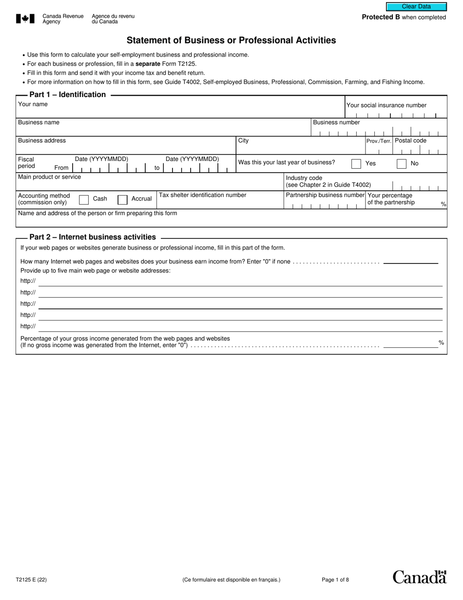 Form T2125 Statement of Business or Professional Activities - Canada, Page 1