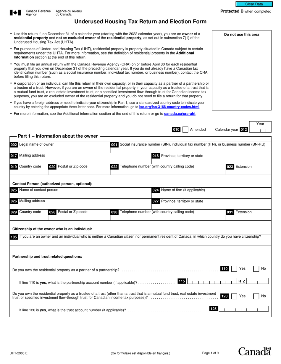 Form UHT-2900 Underused Housing Tax Return and Election Form - Canada, Page 1