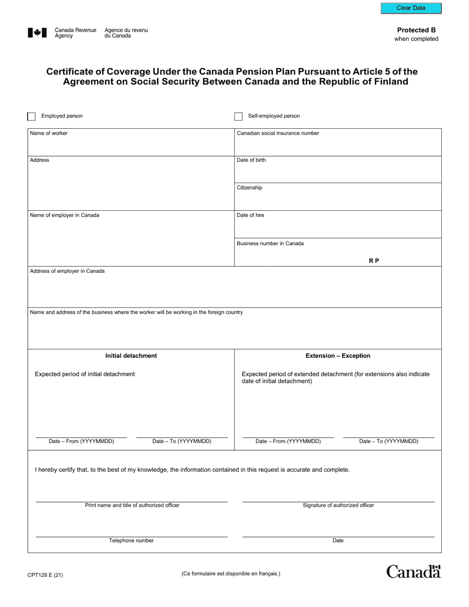 Form CPT128 Certificate of Coverage Under the Canada Pension Plan Pursuant to Article 5 of the Agreement on Social Security Between Canada and the Republic of Finland - Canada, Page 2