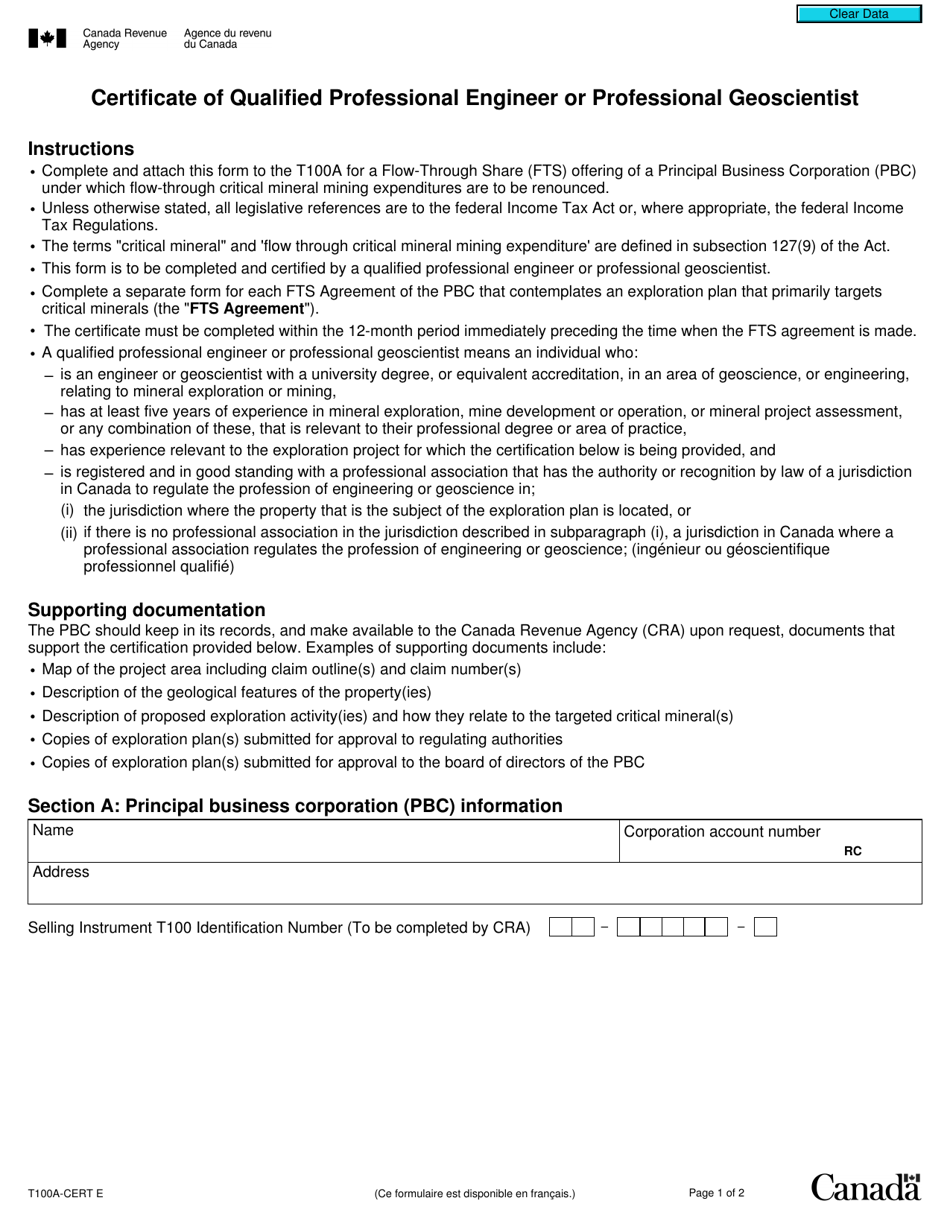 Form T100A-CERT Certificate of Qualified Professional Engineer or Professional Geoscientist - Canada, Page 1