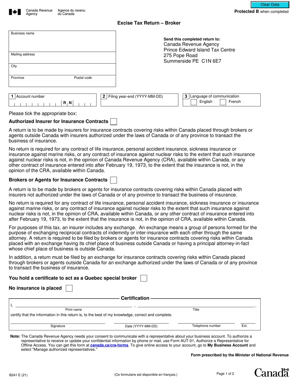 Form B241 Excise Tax Return - Broker - Canada, Page 1