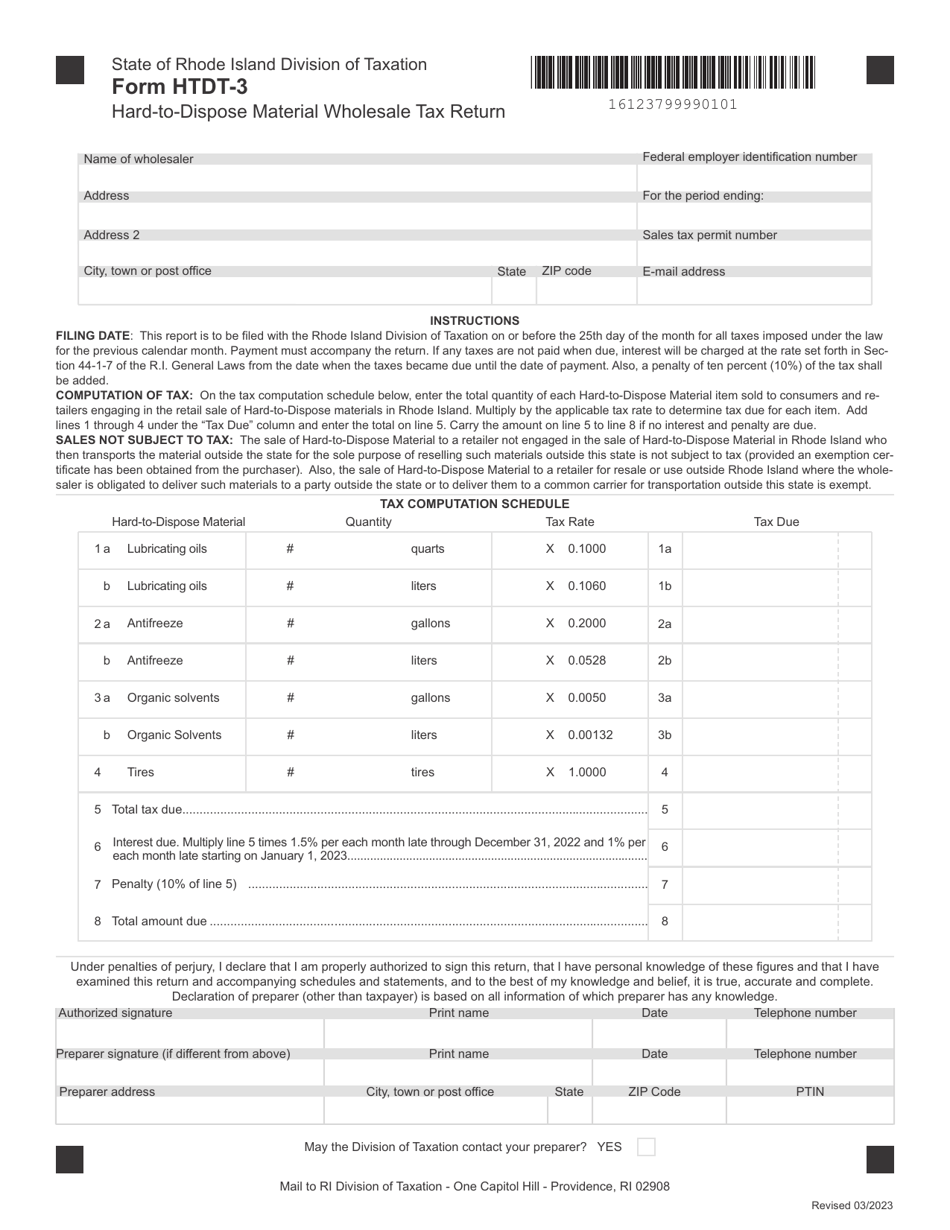 Form HTDT-3 Hard-To-Dispose Material Wholesale Tax Return - Rhode Island, Page 1