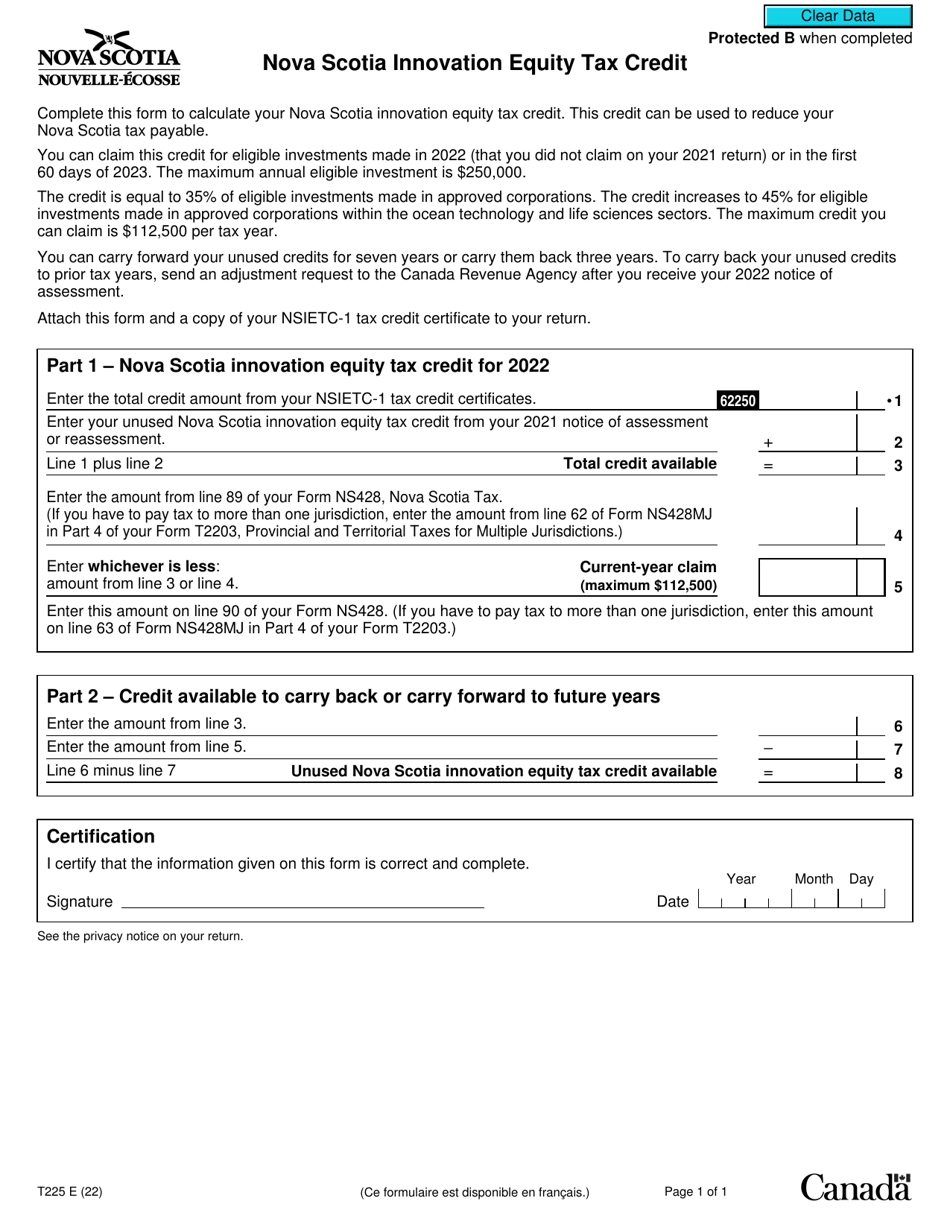 Form T225 Nova Scotia Innovation Equity Tax Credit - Canada, Page 1