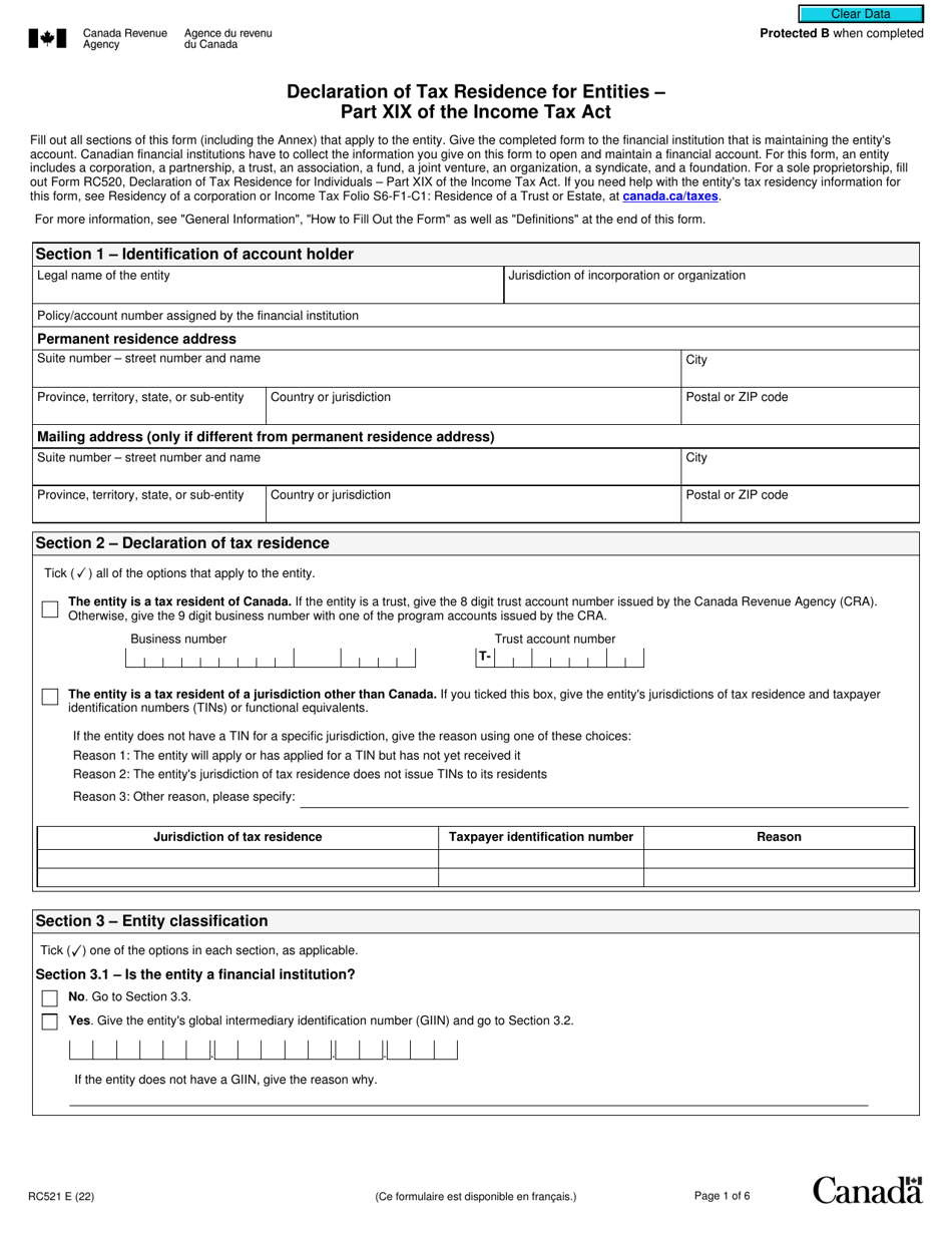 Form RC521 Declaration of Tax Residence for Entities - Part Xix of the Income Tax Act - Canada, Page 1