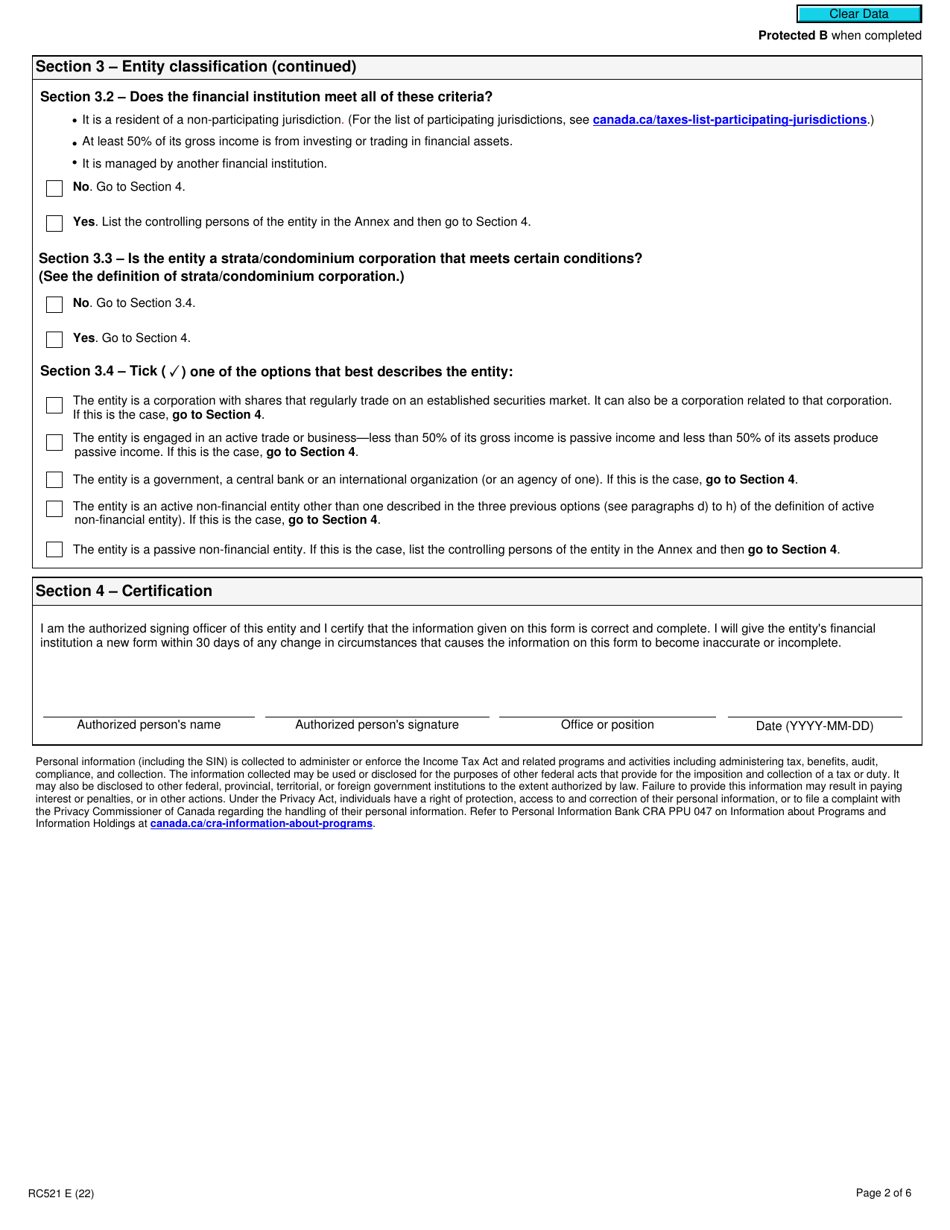 Form RC521 Declaration of Tax Residence for Entities - Part Xix of the Income Tax Act - Canada, Page 2