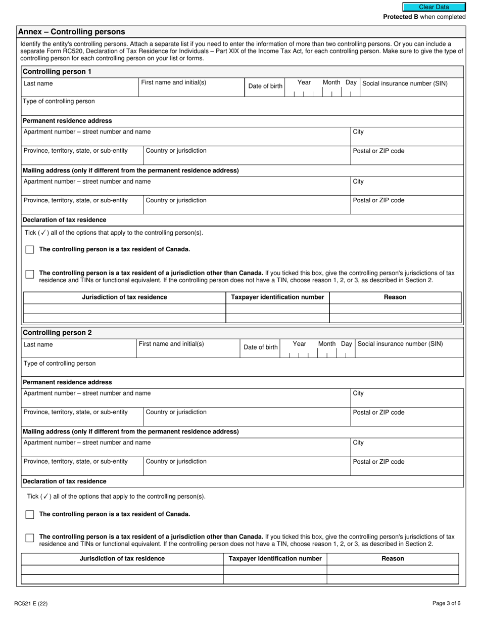 Form RC521 Declaration of Tax Residence for Entities - Part Xix of the Income Tax Act - Canada, Page 3
