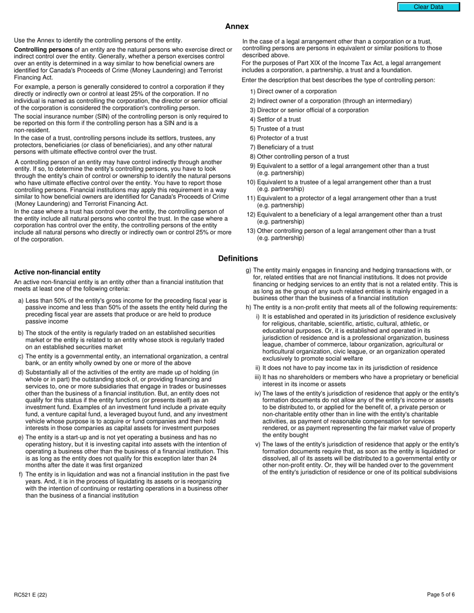 Form RC521 Declaration of Tax Residence for Entities - Part Xix of the Income Tax Act - Canada, Page 5