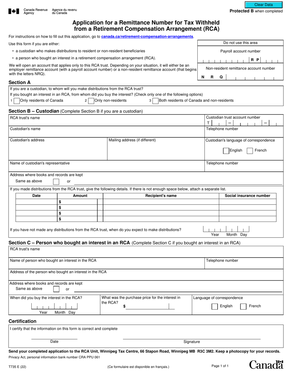 Form T735 Application for a Remittance Number for Tax Withheld From a Retirement Compensation Arrangement (Rca) - Canada, Page 1