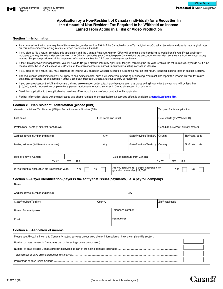 Form T1287 Application by a Non-resident of Canada (Individual) for a Reduction in the Amount of Non-resident Tax Required to Be Withheld on Income Earned From Acting in a Film or Video Production - Canada, Page 1